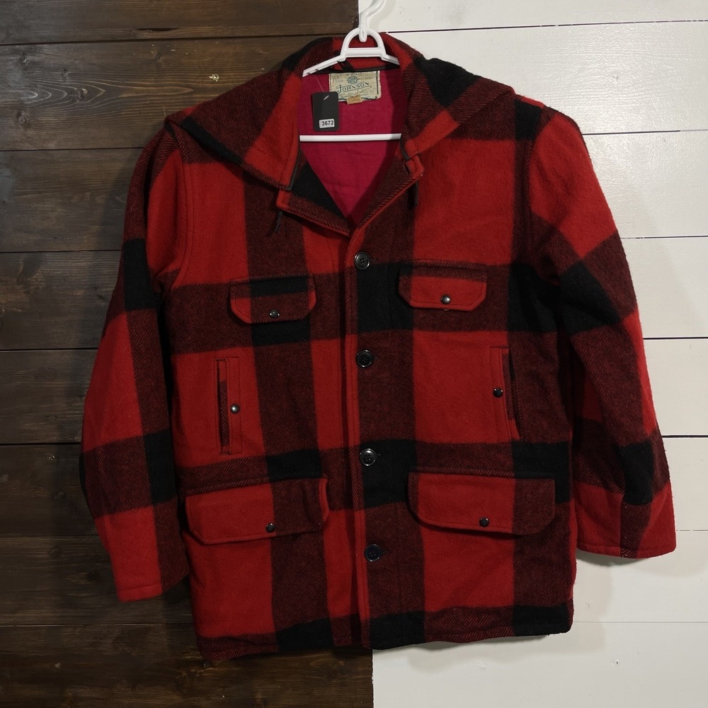 Vintage Johnson‎ Woolen Mills Buffalo Wool Plaid Hunting Coat Size 44 Red Hooded